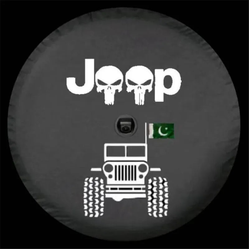 Spare Tire Cover for Jeep Wrangler with Backup Camera Hole, Sunset 4x4 Off-Road PU Leather, 15 to 18 in, Plain Black or 16 Prints