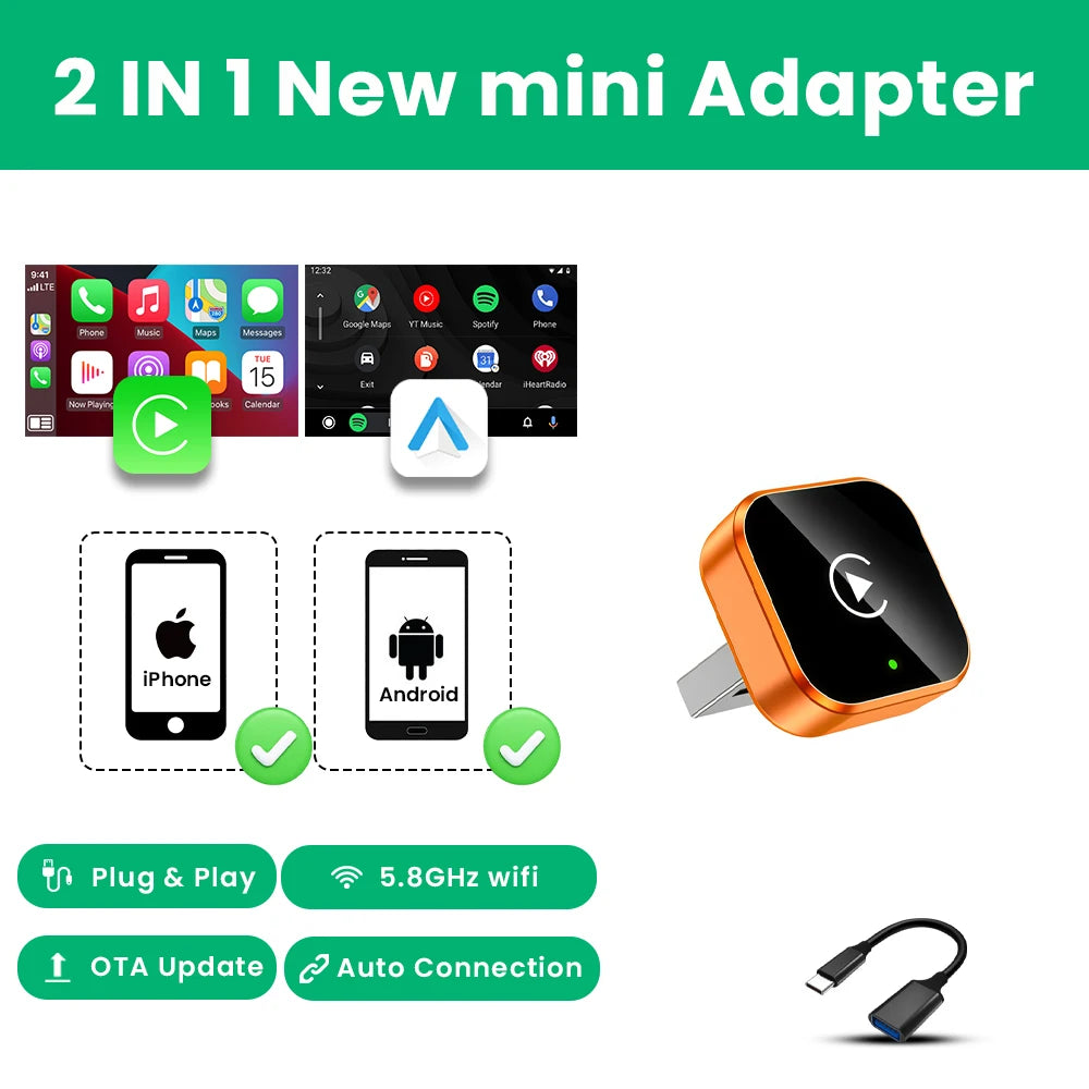 Orange 2-in-1 wireless adapter for iPhone and Android with USB-C adapter cable
