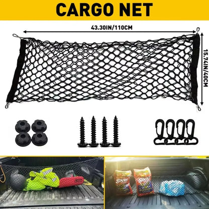 Cargo net with hardware, shown in a truck bed