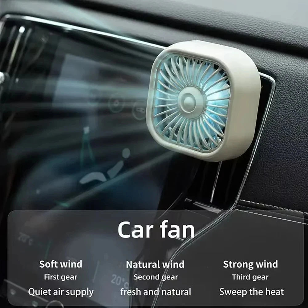 Mini Air Vent Car Fan with Colorful LED Lights, 3 Speed USB Cooling Fan with Soft Rubber Vent Clip, Black or White