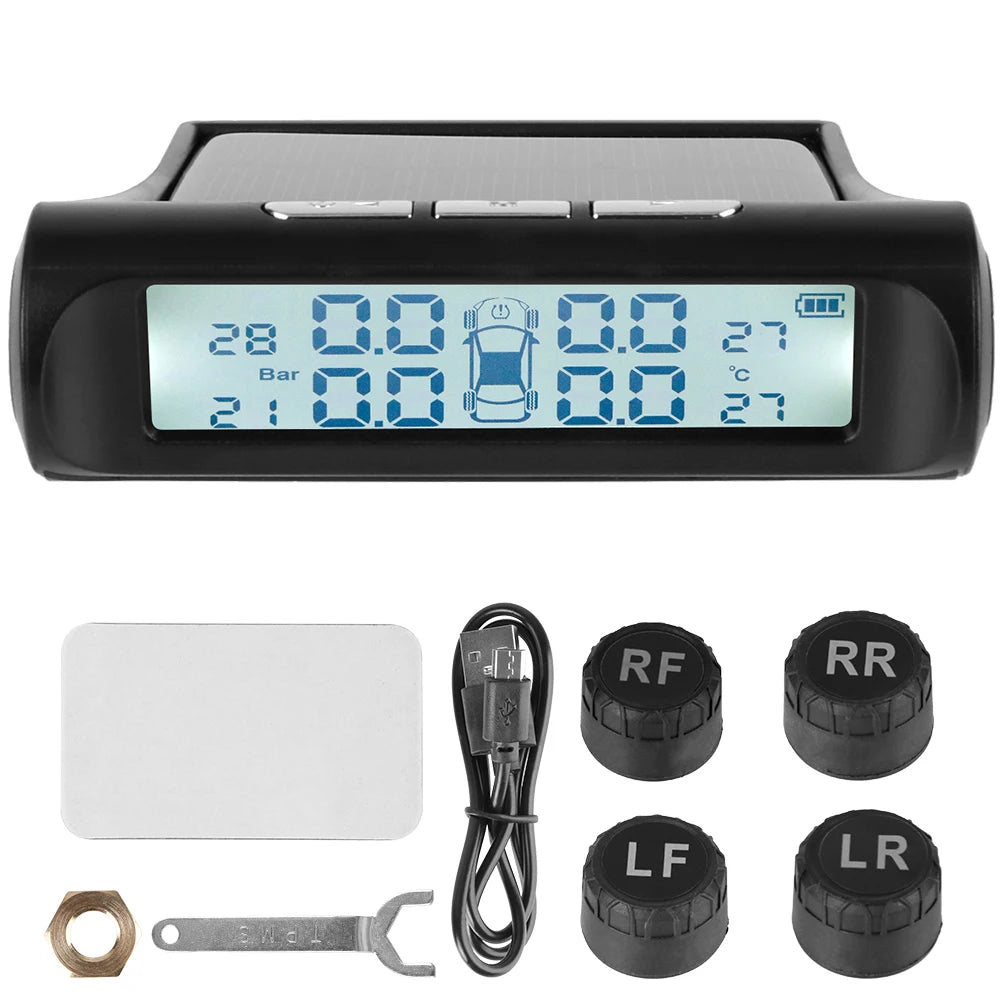 Solar Tire Pressure Monitoring System, Wireless TPMS with 4 External Sensors, Real-Time Pressure and Temperature, PSI or Bar, 15 Styles