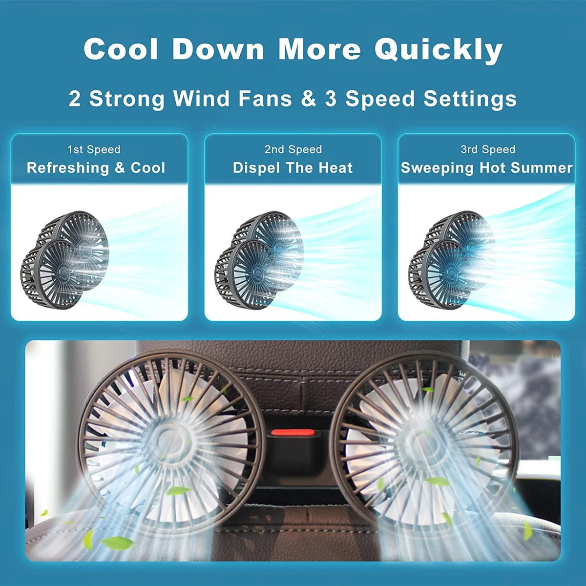 Dual Head Car Fan for Headrest, 3 Speed USB Seat Back Cooling Fan with Flexible Silicone Neck, 360 Degree Adjustable, 4 Colors
