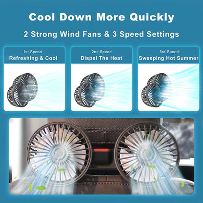 Dual Head Car Fan for Headrest, 3 Speed USB Seat Back Cooling Fan with Flexible Silicone Neck, 360 Degree Adjustable, 4 Colors