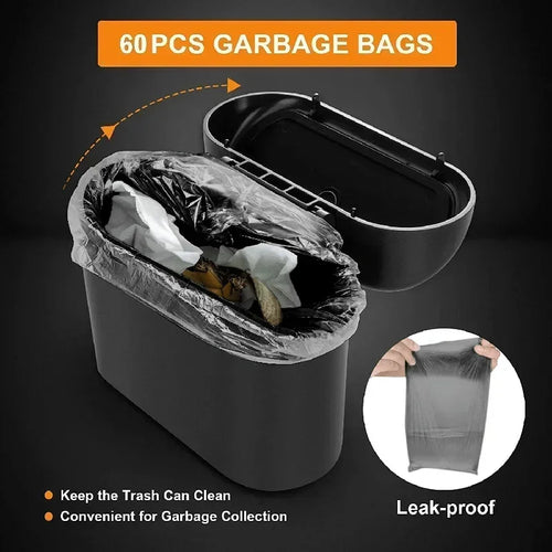 Leak-Proof Mini Car Trash Can with Lid and Garbage Bags, Small Push Lid Bin for Door Pockets and Consoles, Black