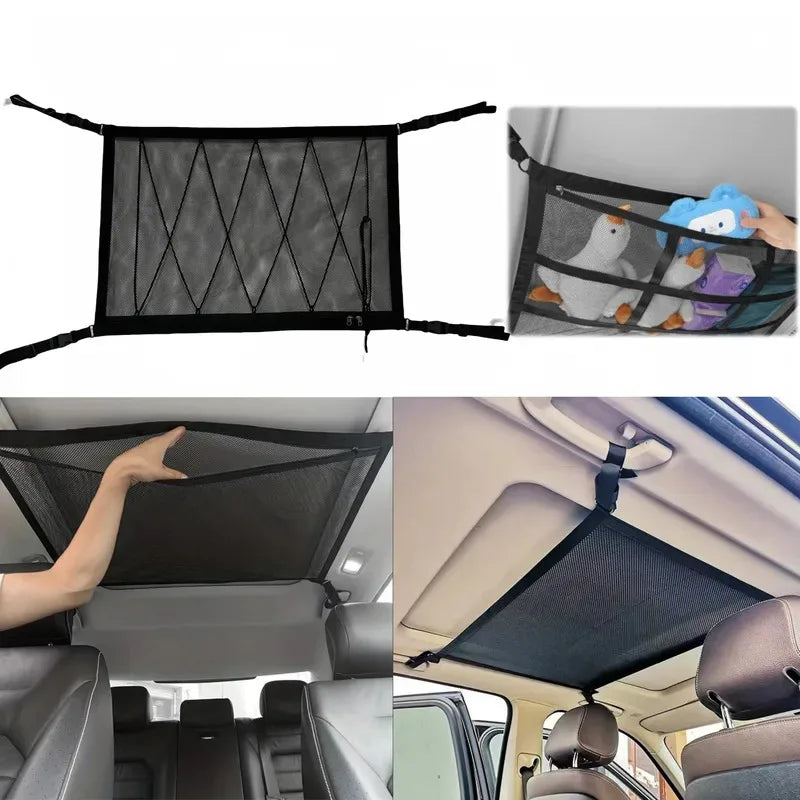 Car Ceiling Cargo Net Storage Bag for SUVs and Cars, Double Layer Mesh Organizer with Zipper and 4 Buckles, 31 x 22 Inch