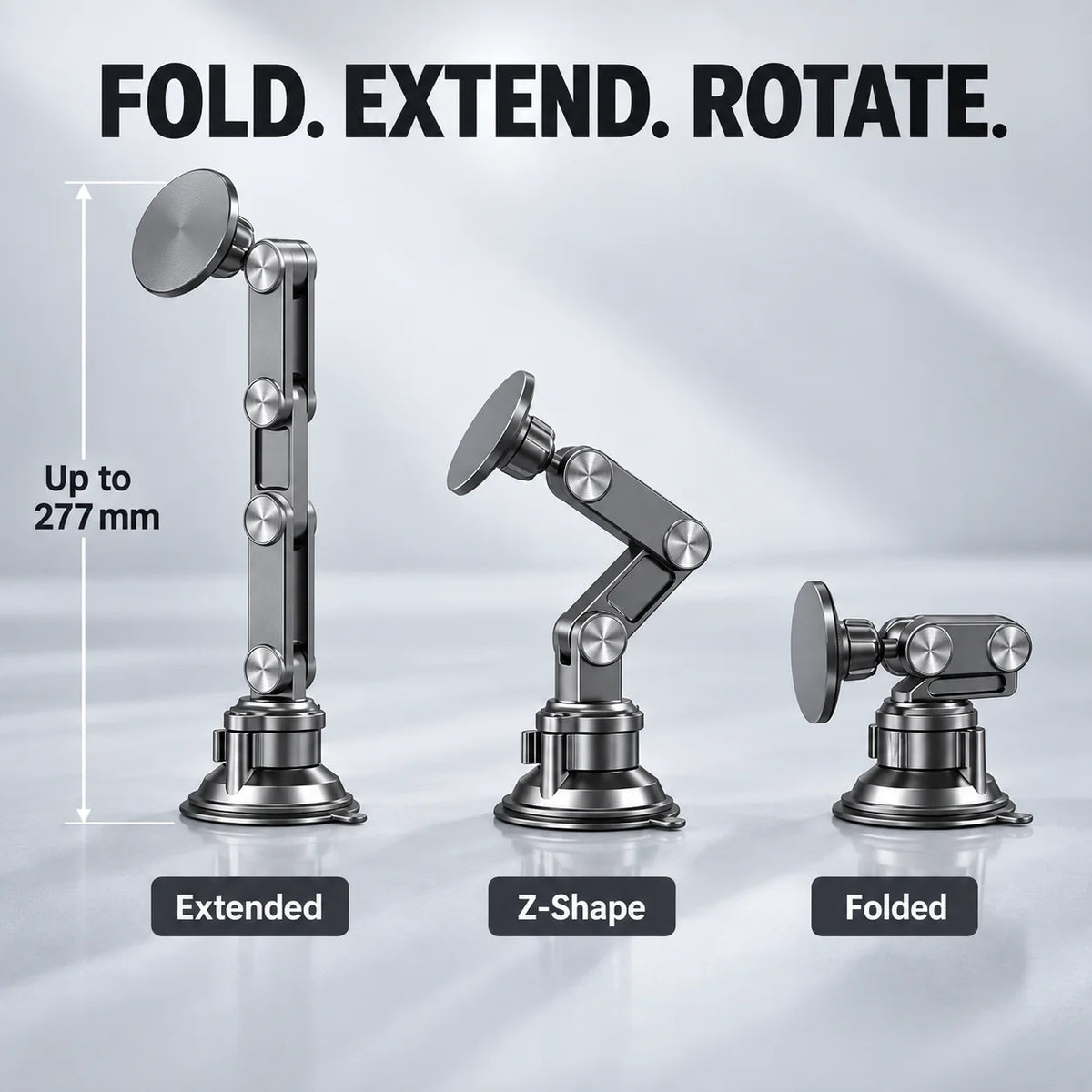 Phone mount arm in extended, Z-shaped and folded positions, up to 277 mm