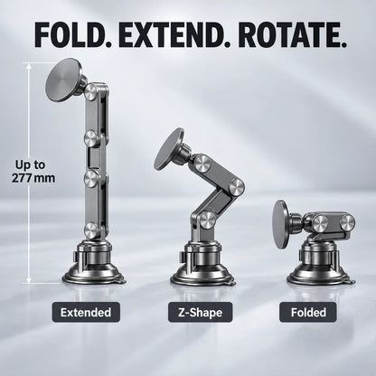Phone mount arm in extended, Z-shaped and folded positions, up to 277 mm