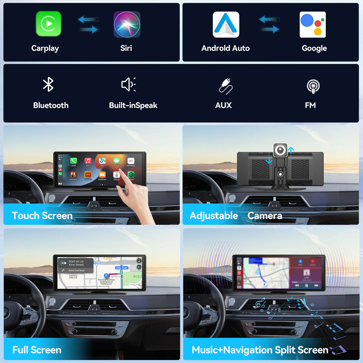 Features: CarPlay, Android Auto, Bluetooth, built-in speaker, AUX and split screen