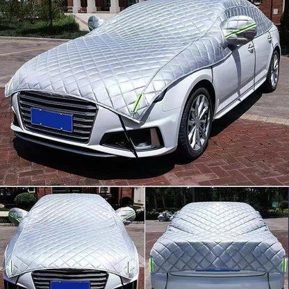 Quilted silver top cover on a sedan, front and rear views