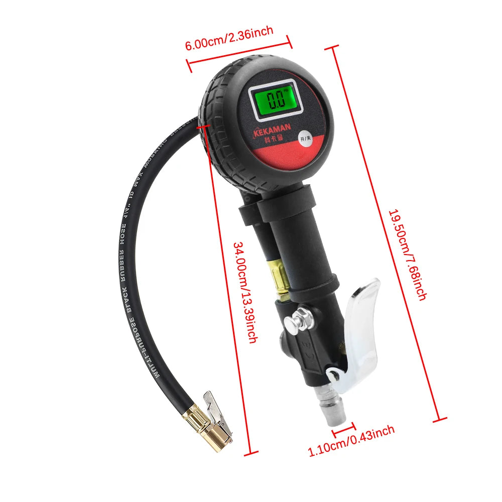 Digital tire inflator gauge with dimension markings