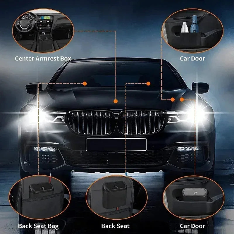 Leak-Proof Mini Car Trash Can with Lid and Garbage Bags, Small Push Lid Bin for Door Pockets and Consoles, Black