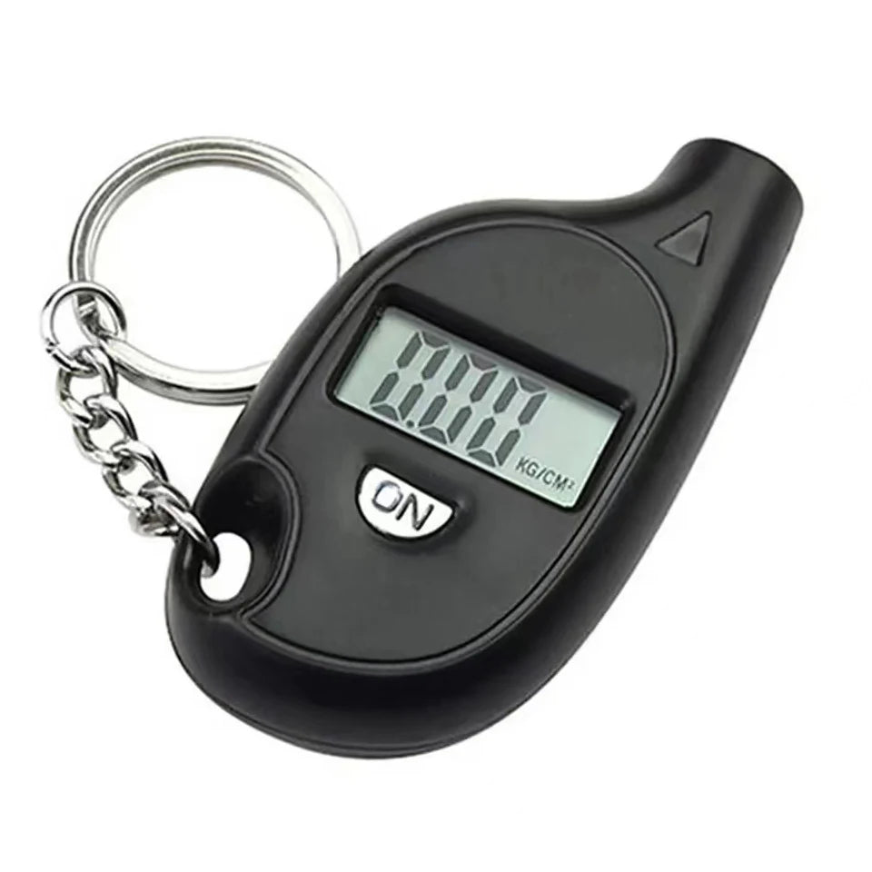 Black keychain digital tire pressure gauge with LCD display and key ring