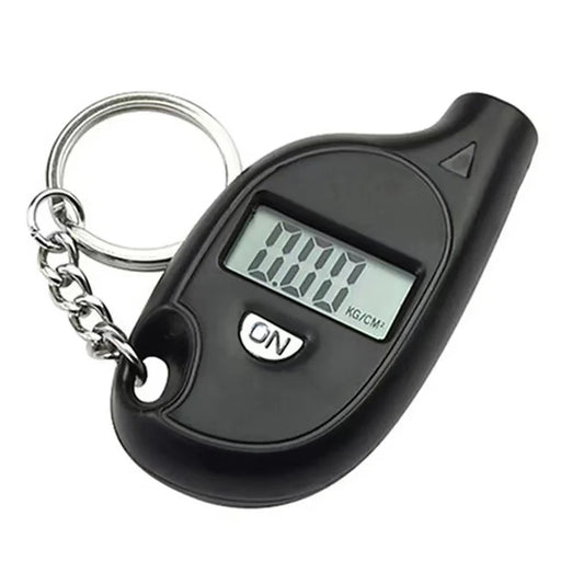 Black keychain digital tire pressure gauge with LCD display and key ring