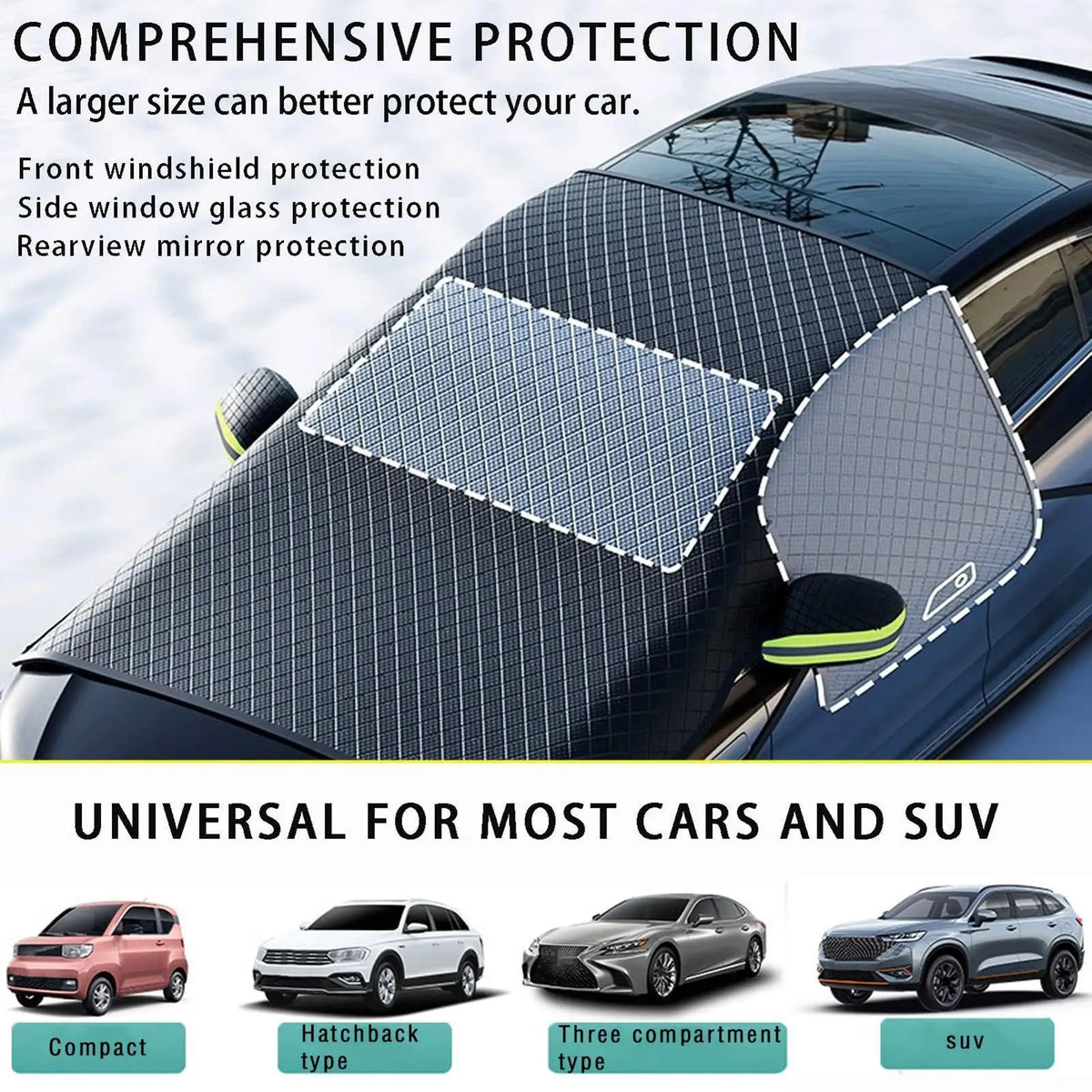 Snow cover protecting the windshield, side windows and rearview mirrors