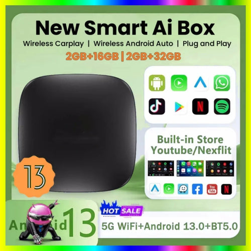 CarPlay AI Box with Android 13, Wireless CarPlay and Android Auto for Cars with Factory Wired CarPlay, 2GB RAM, 16GB or 32GB