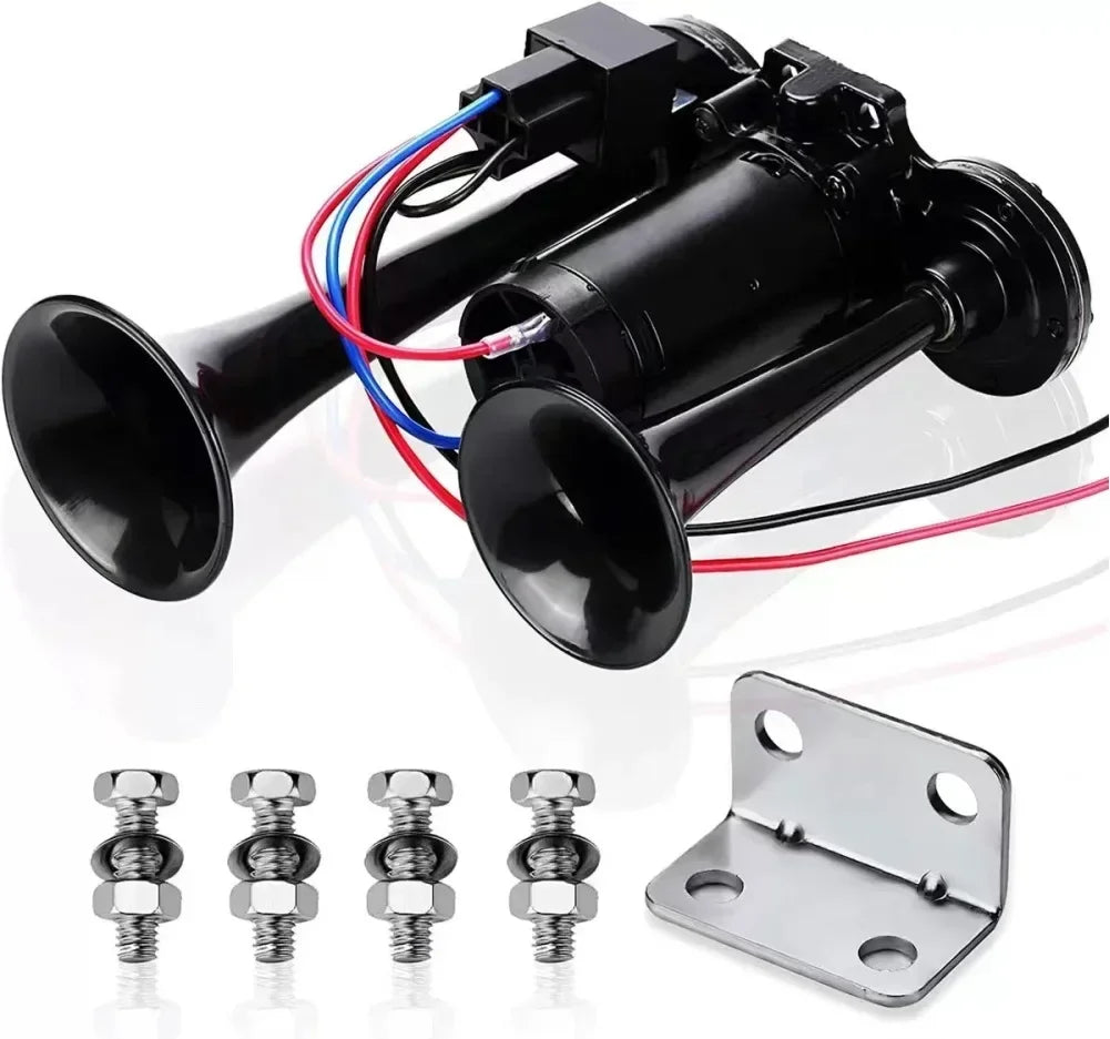 Black dual trumpet air horn with bracket and screws