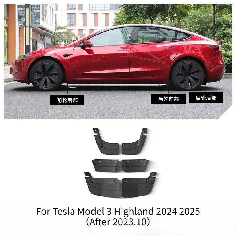 Hidden-Style TPE Mud Flaps for Tesla Model 3, Model 3 Highland, Model Y and Model Y Juniper 2025, 6-Piece or 4-Piece Set