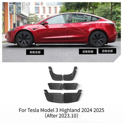 Hidden-Style TPE Mud Flaps for Tesla Model 3, Model 3 Highland, Model Y and Model Y Juniper 2025, 6-Piece or 4-Piece Set