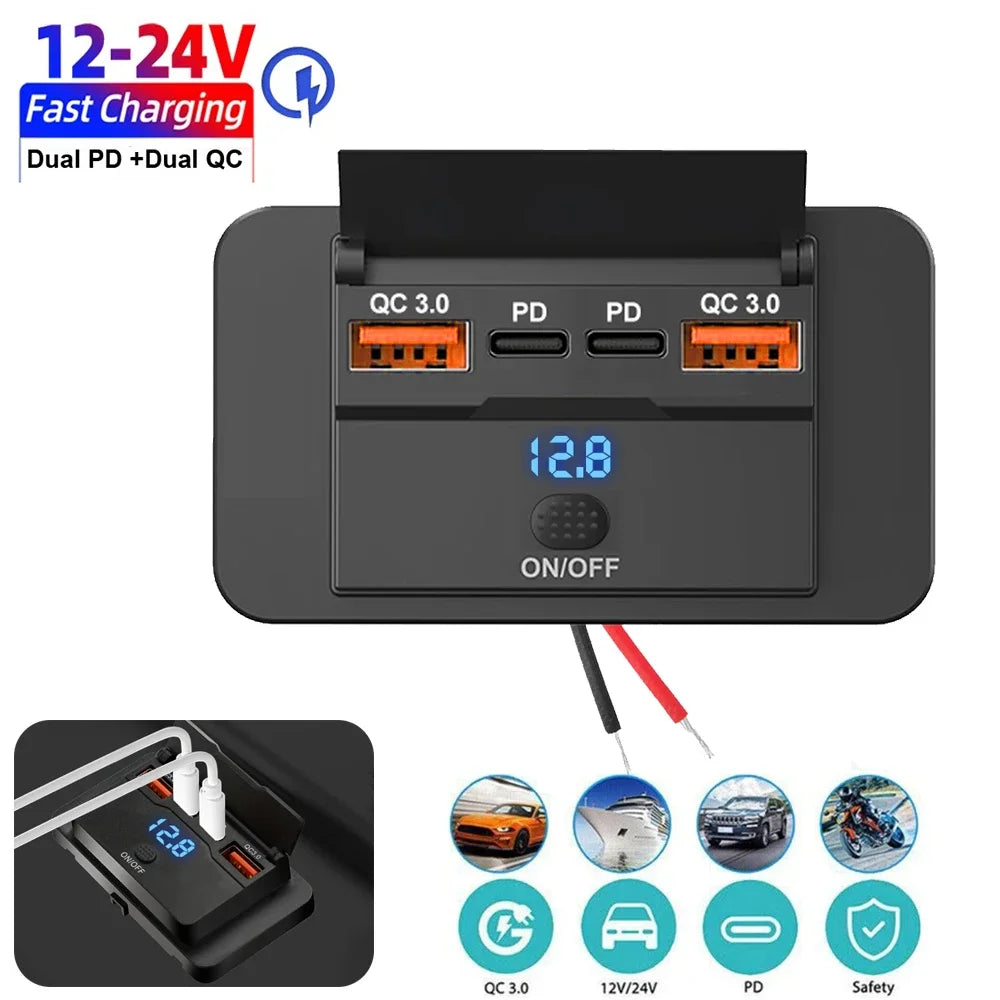12V/24V USB Charger Socket Panel with Switch, Surface Mount Car Outlet with USB-C PD and QC3.0 Ports, for Cars, RVs, Boats and Trucks