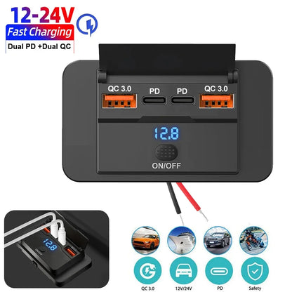 12V/24V USB Charger Socket Panel with Switch, Surface Mount Car Outlet with USB-C PD and QC3.0 Ports, for Cars, RVs, Boats and Trucks