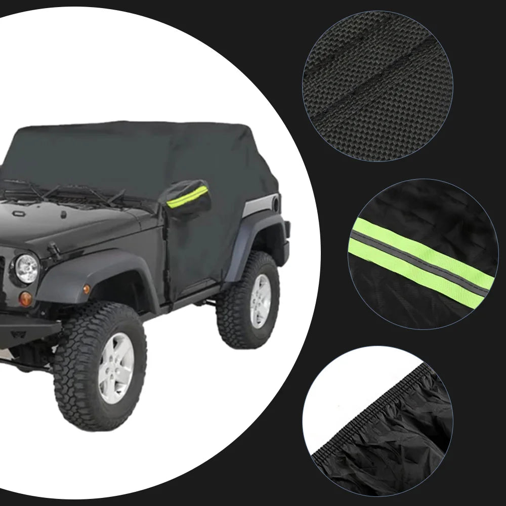Half Car Cover for Jeep Wrangler 4-Door 2018-2021 (JL), 210T Polyester, Reflective Strips, Buckles and Storage Bag, Black or Silver