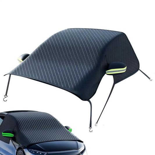 Black windshield snow cover with side mirror covers, reflective strips and hook straps