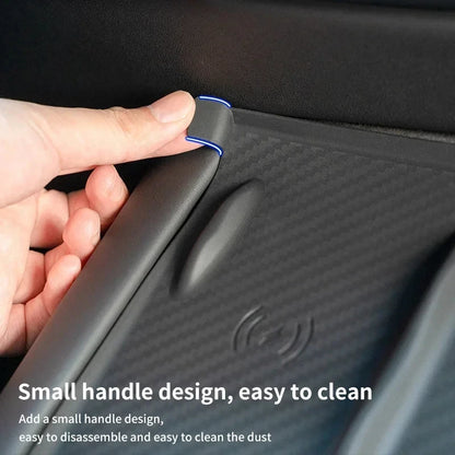 Wireless Charging Pad Mat for Tesla Model 3 and Model Y, Black Silicone Non-Slip Console Mat with Carbon Fiber Pattern