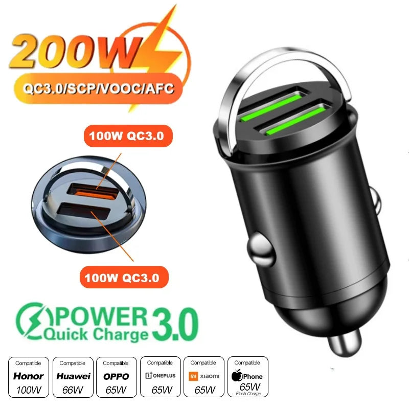 Mini Aluminum Car Charger, USB-C and USB Fast Charging up to 30W, Charges 2 Devices, Fits 12V and 24V Sockets