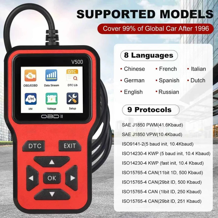 Supported models, 8 languages and 9 OBD2 protocols