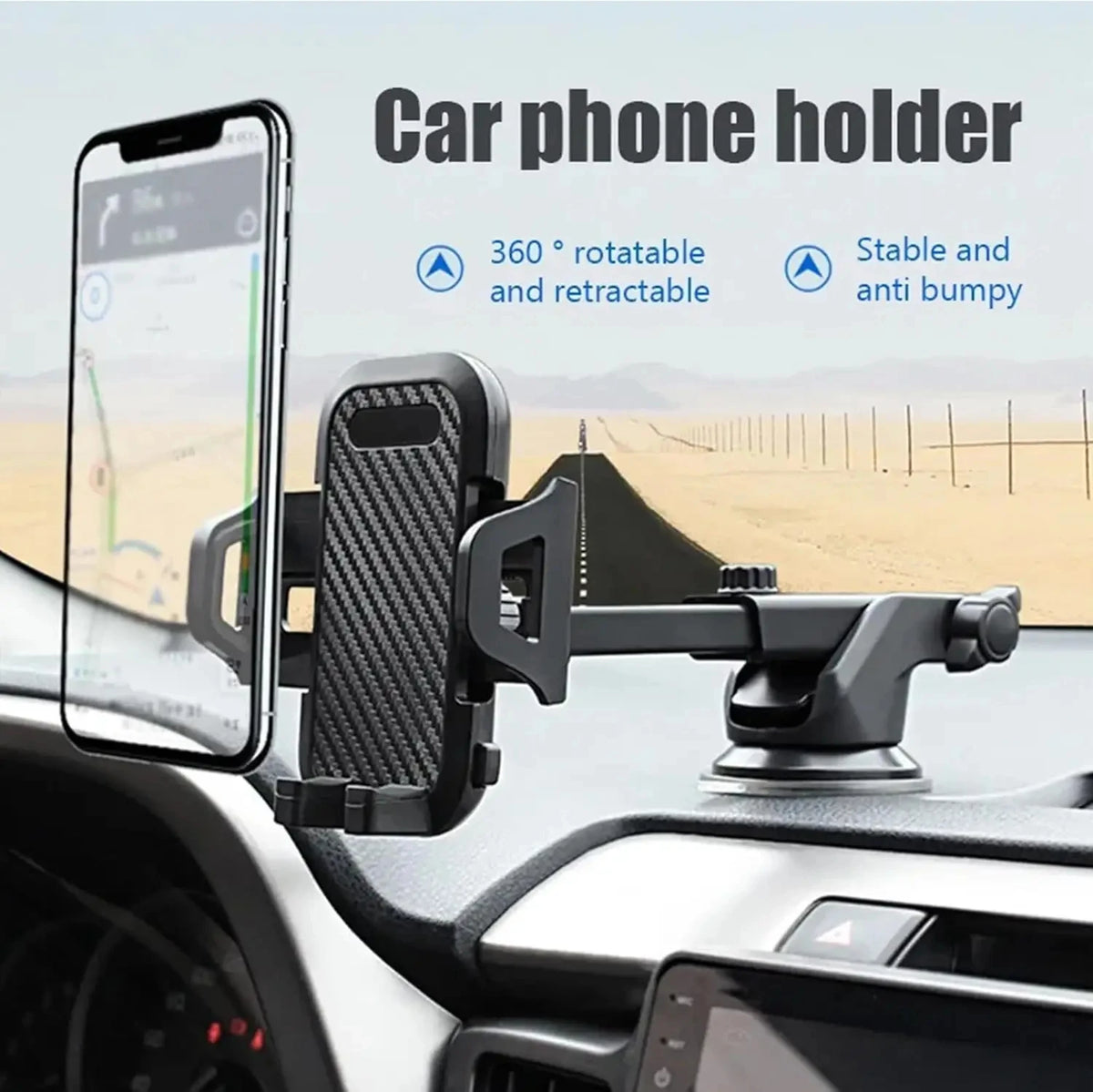 Phone mount rotates 360 degrees and the arm extends