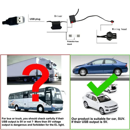 5 m (16.5 ft) EL Wire Car Interior Ambient Light, Flexible Neon Trim Strip with USB or 12V Socket Driver, 10 Colors