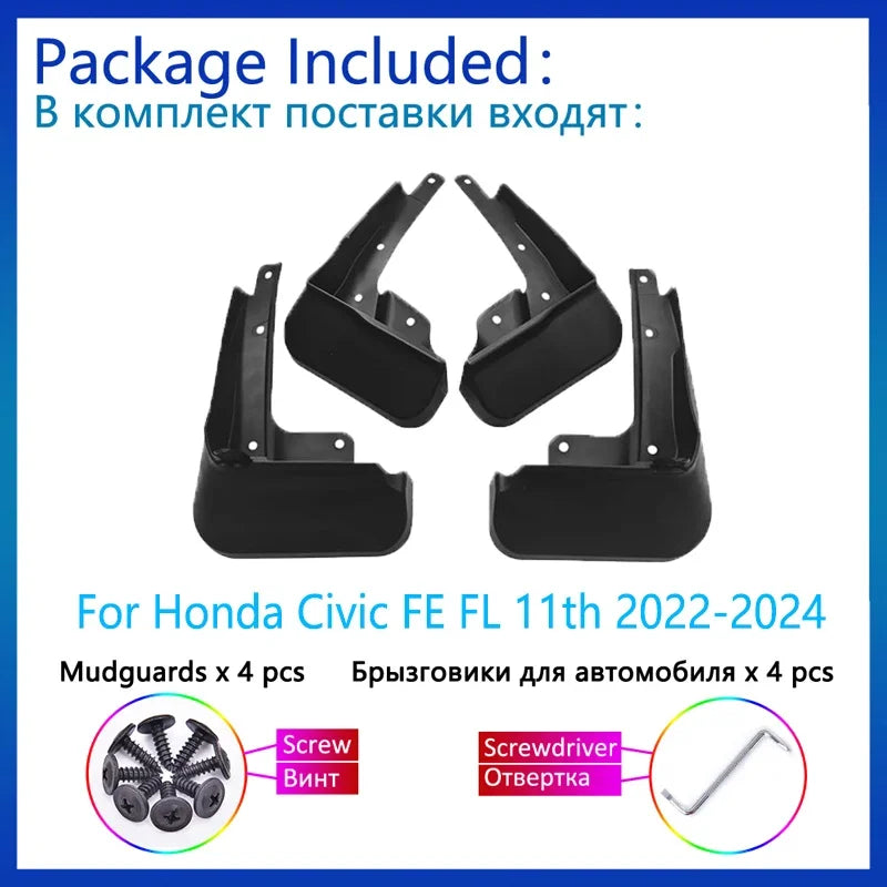 Mud Flaps for Honda Civic FE and FL 2022-2024 (11th Gen), Set of 4 Molded Splash Guards with Screws and Screwdriver
