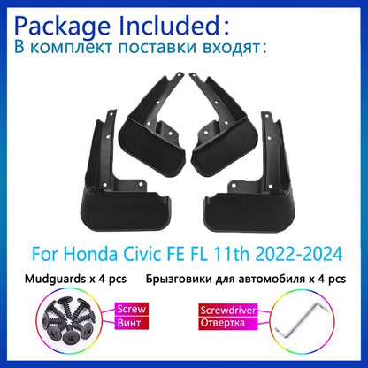 Mud Flaps for Honda Civic FE and FL 2022-2024 (11th Gen), Set of 4 Molded Splash Guards with Screws and Screwdriver