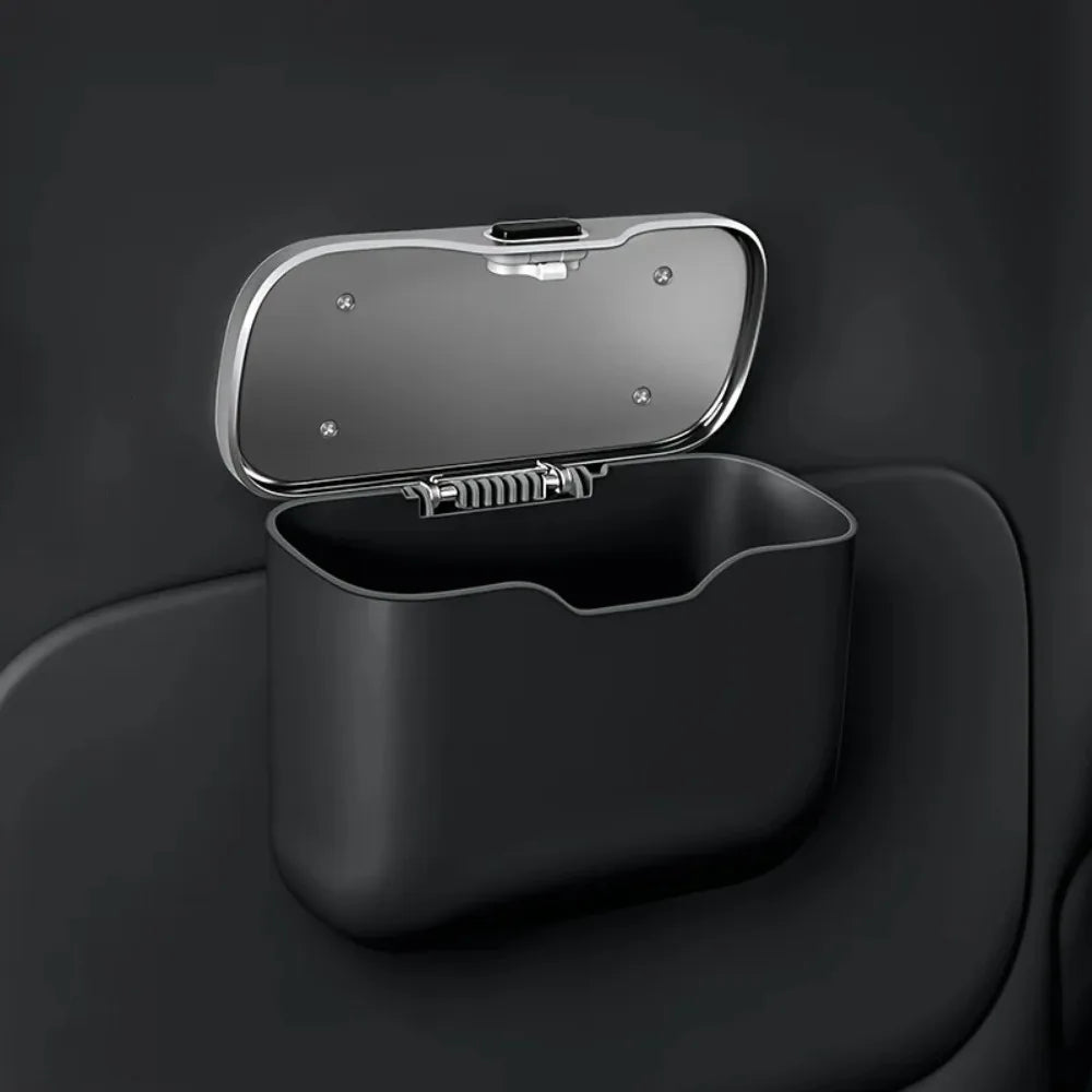 Hanging Car Trash Can with Push Lid, PU Leather Wet and Dry Garbage Bin and Storage Box, Black or Beige