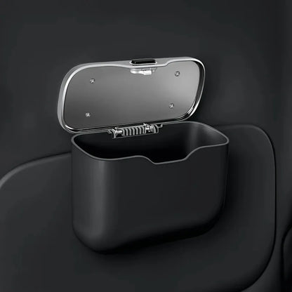 Hanging Car Trash Can with Push Lid, PU Leather Wet and Dry Garbage Bin and Storage Box, Black or Beige