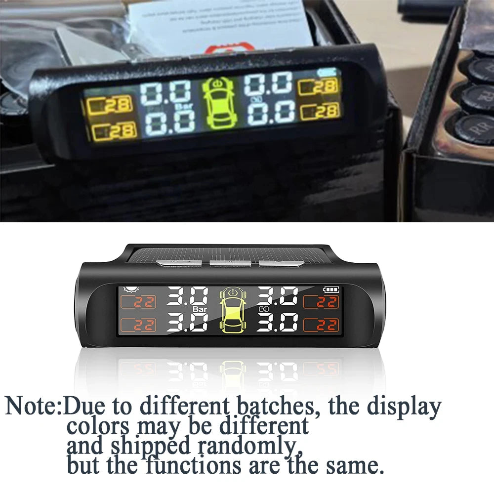 Solar Tire Pressure Monitor, Wireless TPMS with 4 External Sensors, Waterproof Sensors with Replaceable Batteries
