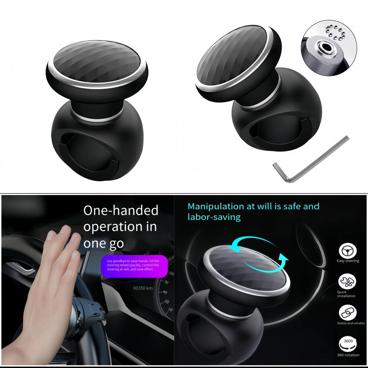 Steering Wheel Spinner Knob with Diamond Texture Grip, 360 Degree Rotation for Easier Parking, Wrench Included, Universal Fit