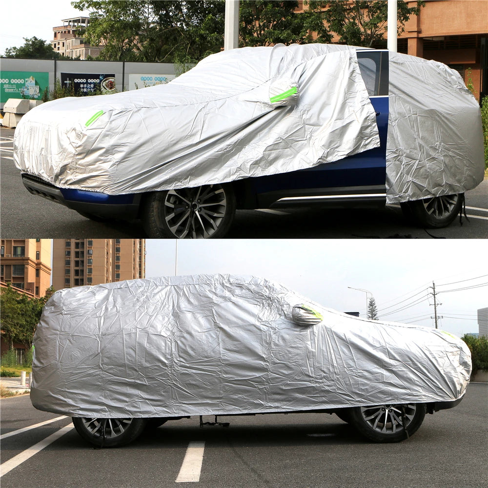 Two-tone silver car cover on an SUV and on a sedan