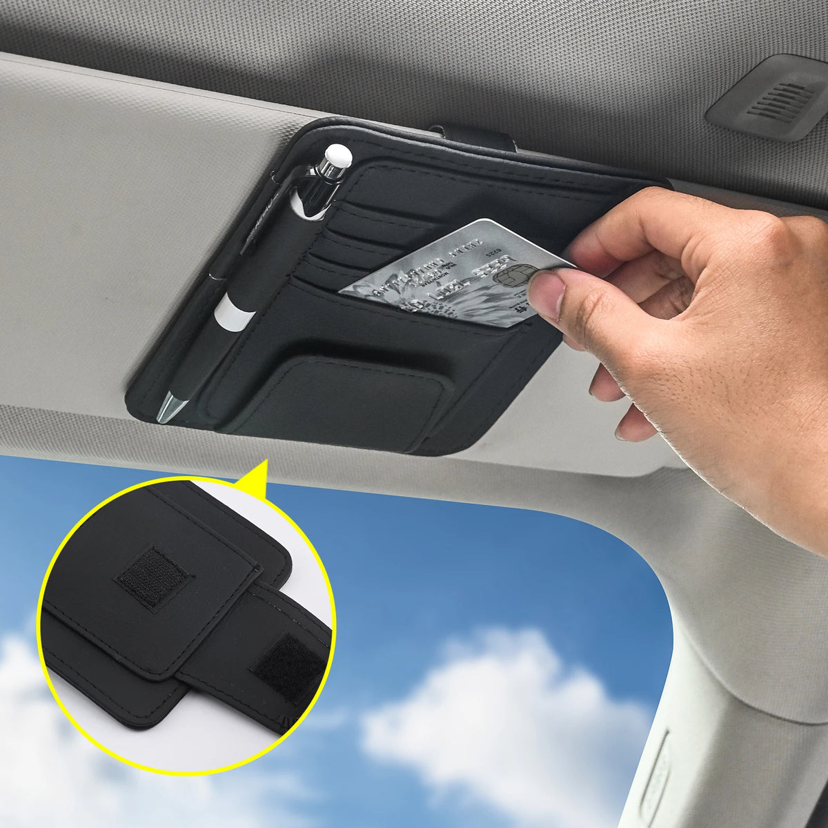 Multi-Pocket Car Visor Organizer — PU Leather Storage for Cards, Glasses & Sunshade