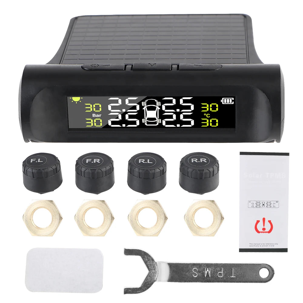Solar Tire Pressure Monitoring System, Wireless TPMS with 4 External Sensors, Real-Time Pressure and Temperature, PSI or Bar, 15 Styles