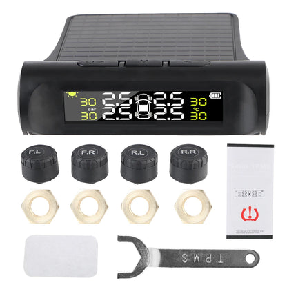Solar Tire Pressure Monitoring System, Wireless TPMS with 4 External Sensors, Real-Time Pressure and Temperature, PSI or Bar, 15 Styles