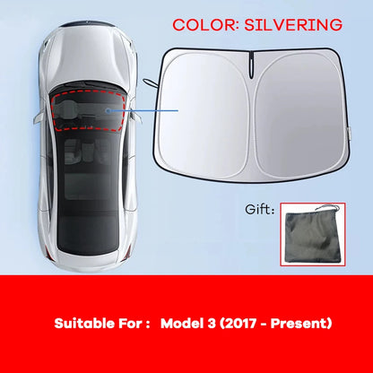 Windshield Sun Shade for Tesla Model 3 and Model Y, Highland and Juniper, 4-Layer Reflective Foldable Shade, Silver or Laser Finish