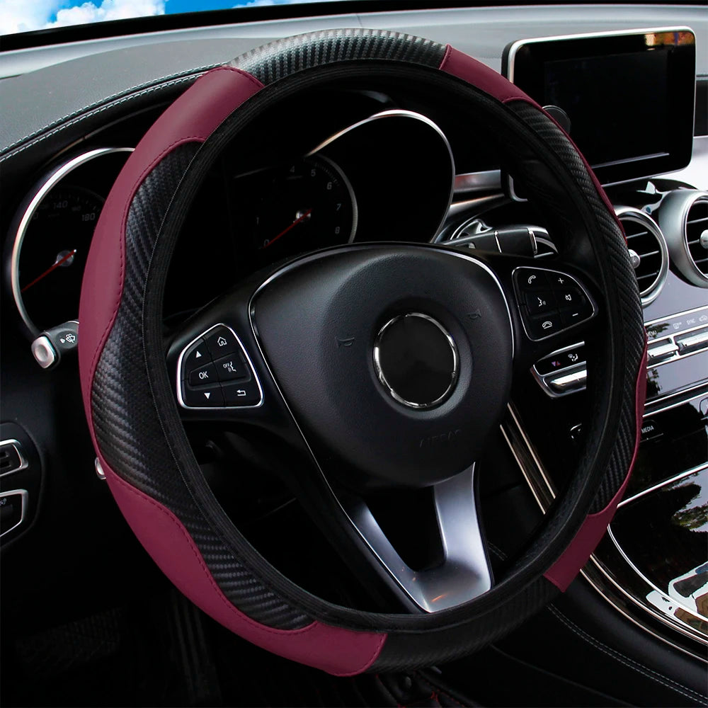 Wine red and black steering wheel cover