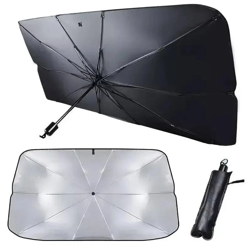 Umbrella windshield sun shade open, showing the black inner side, the silver outer side and the storage case