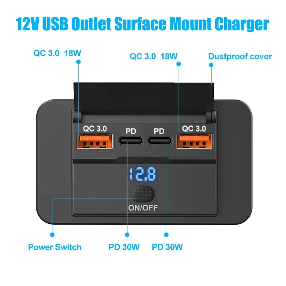 12V/24V USB Charger Socket Panel with Switch, Surface Mount Car Outlet with USB-C PD and QC3.0 Ports, for Cars, RVs, Boats and Trucks