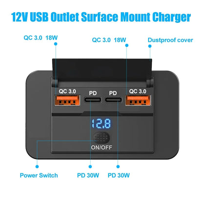 12V/24V USB Charger Socket Panel with Switch, Surface Mount Car Outlet with USB-C PD and QC3.0 Ports, for Cars, RVs, Boats and Trucks