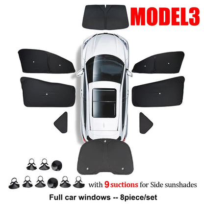 Privacy Window Shade Set for Tesla Model 3 and Model Y 2021-2026, Suction Cup Side Shades, Front and Rear Windshield Shades, 1 to 8 Pieces