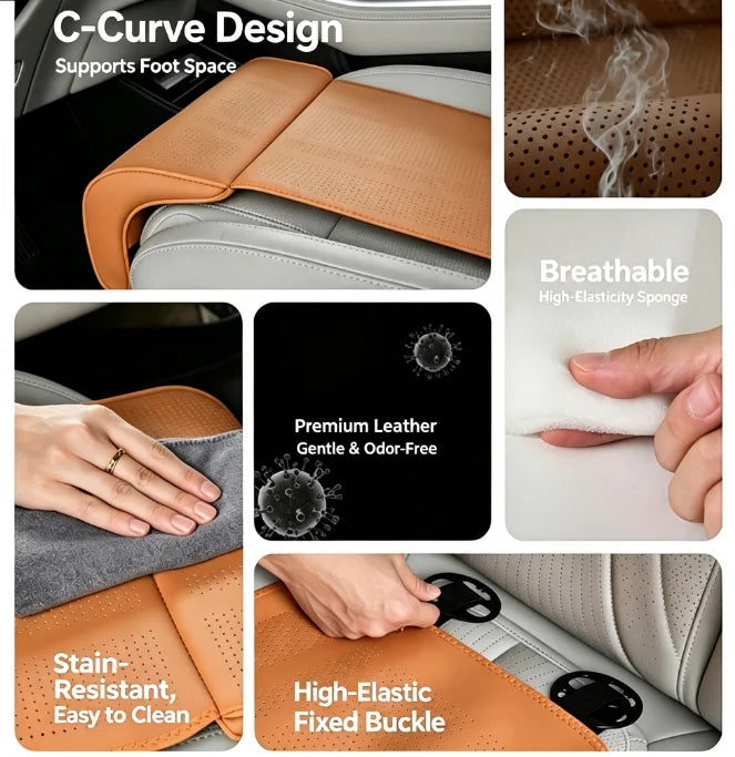 Car Seat Cushion with Leg Support Extension, Perforated Faux Leather Thigh Support Pad for Long Drives, Black or White