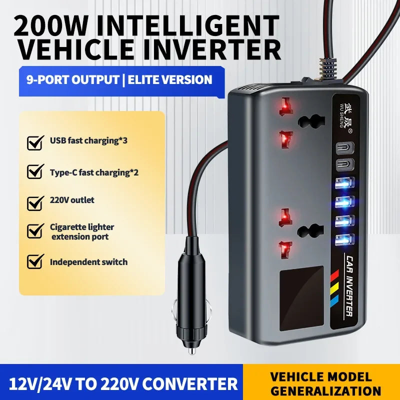 200W Car Power Inverter, 12V to 110V AC Outlets with USB-C PD and QC3.0 USB Ports, Optional Digital Display, for Cars, Trucks, SUVs and RVs
