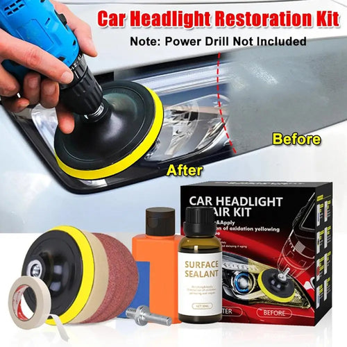Headlight Restoration Kit with Drill Attachment, Polishing Paste, Restorer Liquid, Sanding Discs and Masking Tape